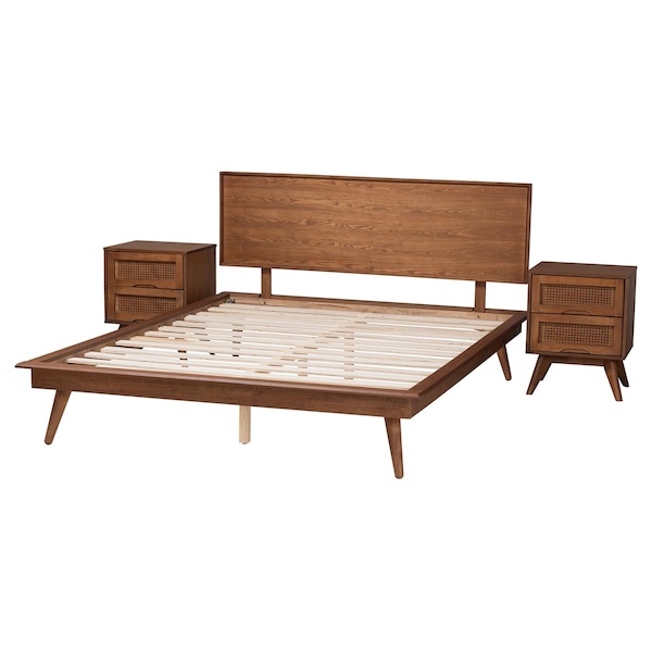 Baxton Studio Melora Mid-Century Modern Walnut Brown Finished Wood and Rattan King Size 3-Piece Bedroom Set - 241-9804-9805-11298-ZORO