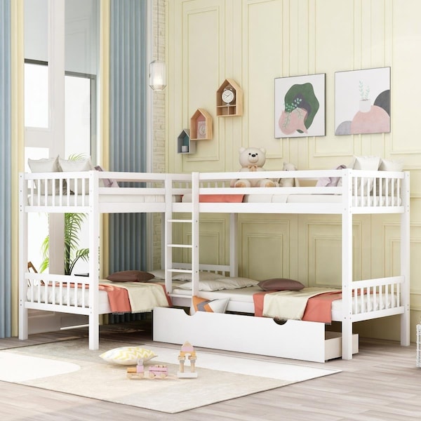Homeroots White Twin Size L Shaped Double Bunk Bed with Drawer - 403912