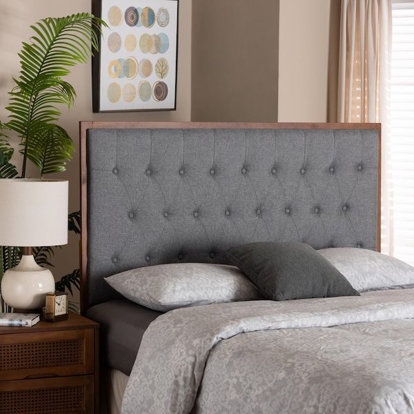 Baxton Studio Harumi Classic and Traditional Grey Fabric and Walnut Brown Finished Wood King size Headboard - 237-12639-ZORO