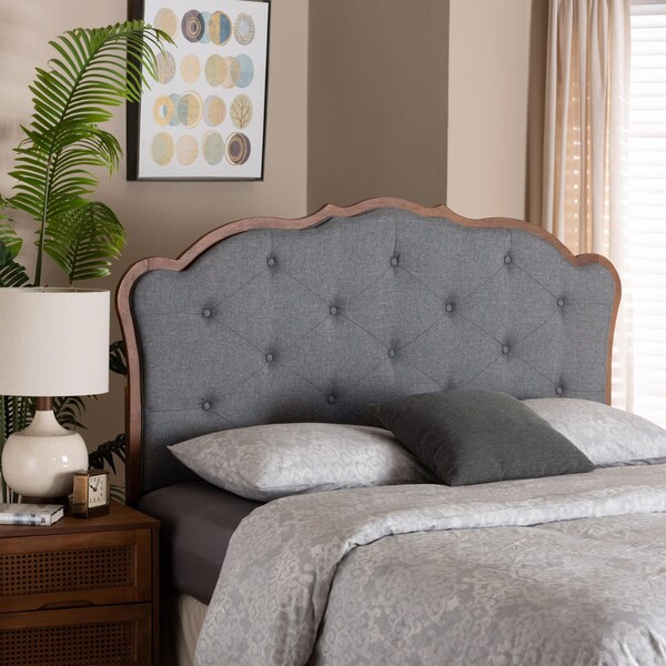 Baxton Studio Leandra Classic and Traditional Grey Fabric and Walnut Brown Finished Wood Queen Size Headboard - 237-12646-ZORO