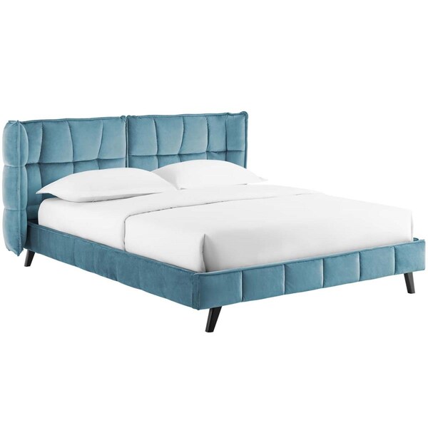 Modway Furniture Makenna Performance Velvet Platform Bed, Sea - Queen Size - MOD-6081-SEA