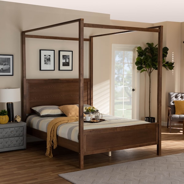 Baxton Studio Veronica Walnut Brown Finished Wood Queen Size Platform Canopy Bed - 165-10718