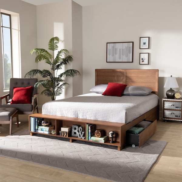Baxton Studio Alba Wood Queen Size 4-Drawer Platform Bed with Built-In Shelves - 173-9426-10669
