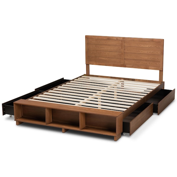 Baxton Studio Alba Wood Queen Size 4-Drawer Platform Bed with Built-In Shelves - 173-9426-10669