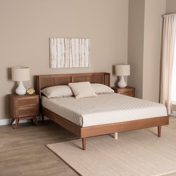 Baxton Studio Rina MidCentury Ash Walnut Finished Wood 3Piece Queen Size Bedroom Set with Synthetic Rattan - 223-9814-9815-11298-ZORO