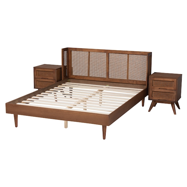 Baxton Studio Rina MidCentury Ash Walnut Finished Wood 3Piece Queen Size Bedroom Set with Synthetic Rattan - 223-9814-9815-11298-ZORO