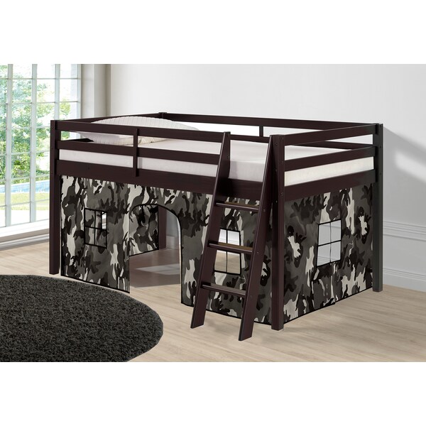 Alaterre Furniture Roxy Twin Wood Junior Loft Bed with Espresso with Gray Camo Bottom Tent - AJRX10P0ATCGY