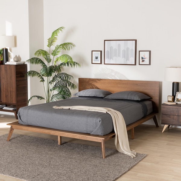 Baxton Studio Wheatley Mid-Century Modern Walnut Brown Finished Wood Queen Size Platform Bed - 235-13244-ZORO