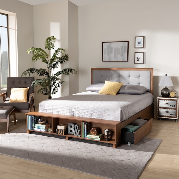 Baxton Studio Cosma Ash Walnut Wood 4-Drawer Queen Size Platform Storage Bed - 173-9435-10669