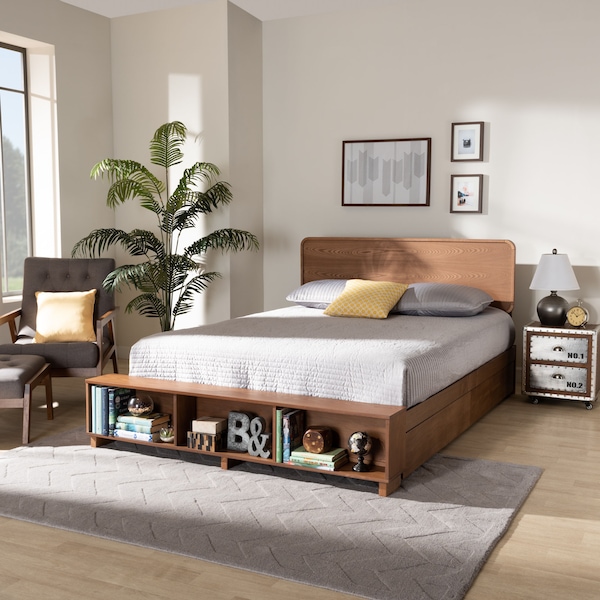 Baxton Studio Vita Ash Walnut Wood 4-Drawer Queen Size Platform Storage Bed - 173-9429-10669