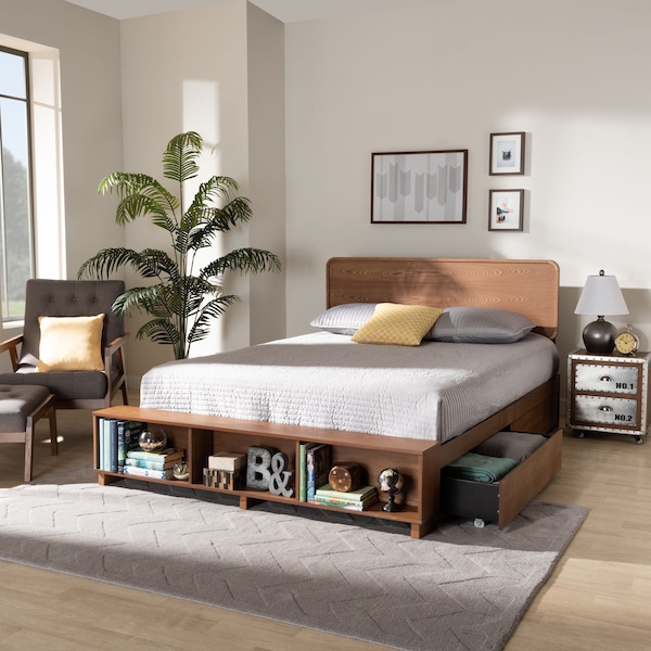 Baxton Studio Vita Ash Walnut Wood 4-Drawer Queen Size Platform Storage Bed - 173-9429-10669
