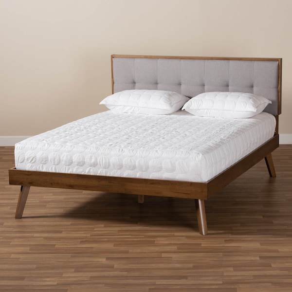 Baxton Studio Alke Light Grey Upholstered Walnut Wood Queen Size Platform Bed - 163-10478