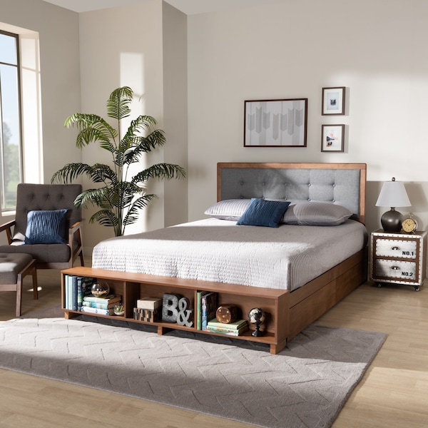 Baxton Studio Cosma Ash Walnut Wood 4-Drawer Queen Size Platform Storage Bed - 173-9432-10669
