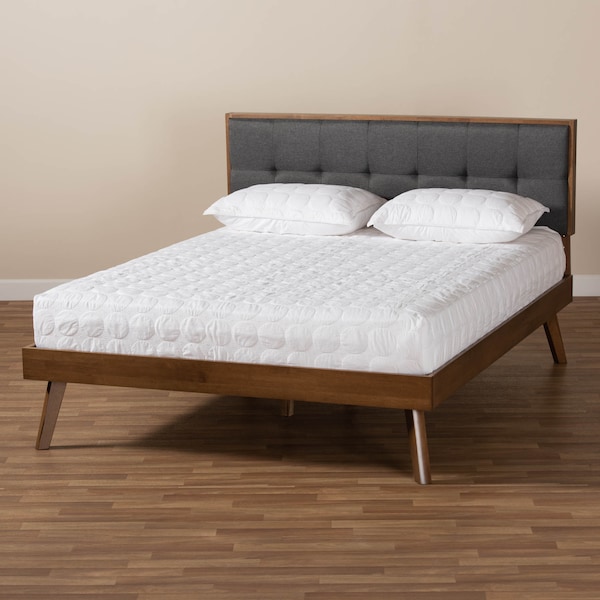 Baxton Studio Alke Dark Grey Upholstered Walnut Wood Queen Size Platform Bed - 163-10479