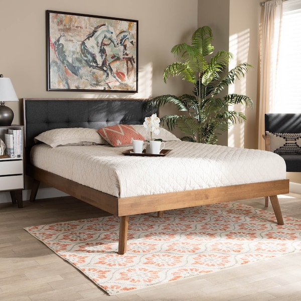 Baxton Studio Alke Dark Grey Upholstered Walnut Wood Queen Size Platform Bed - 163-10479