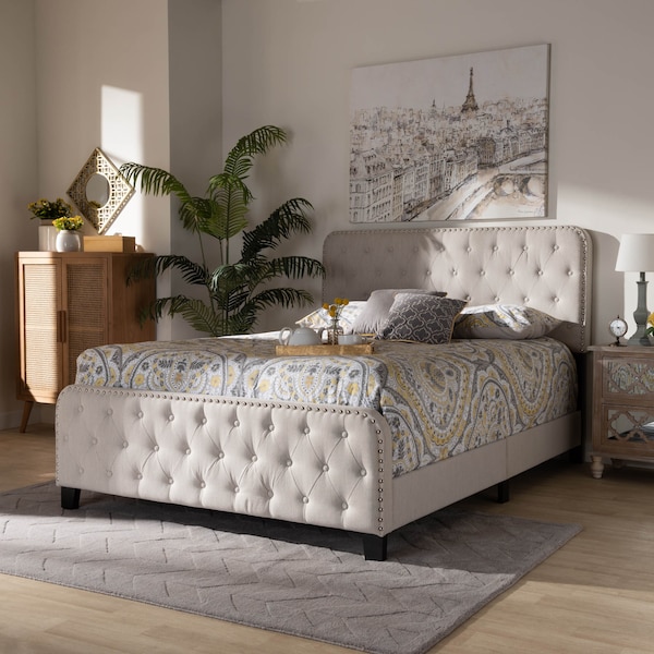 Baxton Studio Annalisa Beige Upholstered Button Tufted Queen Size Panel Bed - 162-10318