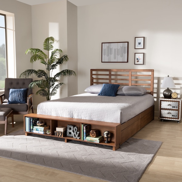 Baxton Studio Milana Ash Walnut Wood 4-Drawer King Size Platform Storage Bed - 173-9424-10670