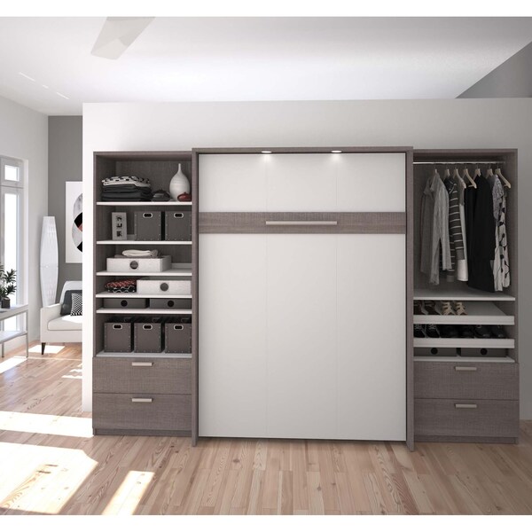 Bestar Cielo 119W Full Murphy Bed and 2 Shelving Units with Drawers (118W), Bark Grey & White - 80895-47