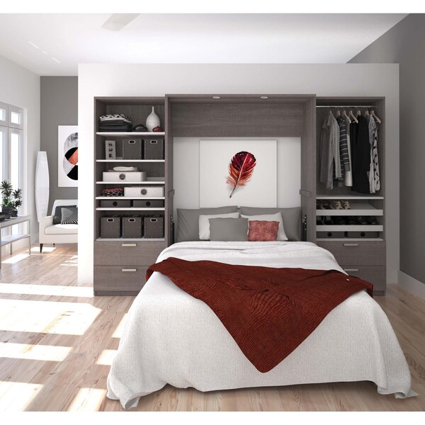 Bestar Cielo 119W Full Murphy Bed and 2 Shelving Units with Drawers (118W), Bark Grey & White - 80895-47
