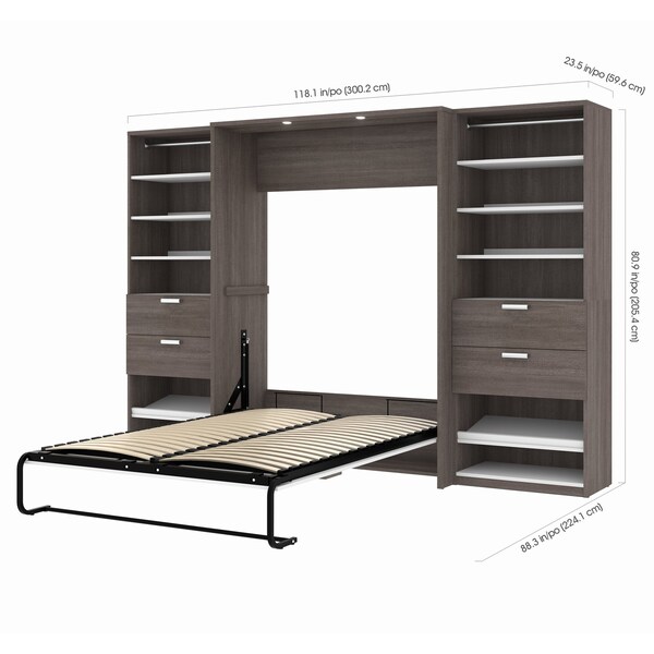 Bestar Cielo 119W Full Murphy Bed and 2 Shelving Units with Drawers (118W), Bark Grey & White - 80895-47