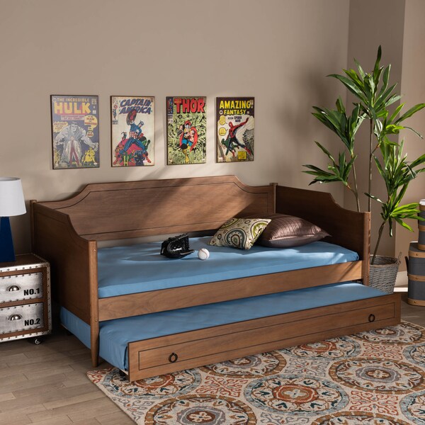 Baxton Studio Alya Walnut Wood Twin Size Daybed with Roll-Out Trundle Bed - 168-10832-10833