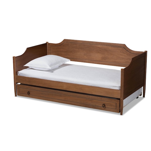 Baxton Studio Alya Walnut Wood Twin Size Daybed with Roll-Out Trundle Bed - 168-10832-10833