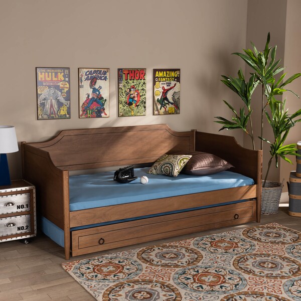 Baxton Studio Alya Walnut Wood Twin Size Daybed with Roll-Out Trundle Bed - 168-10832-10833