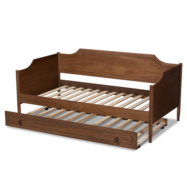 Baxton Studio Alya Walnut Wood Twin Size Daybed with Roll-Out Trundle Bed - 168-10832-10833