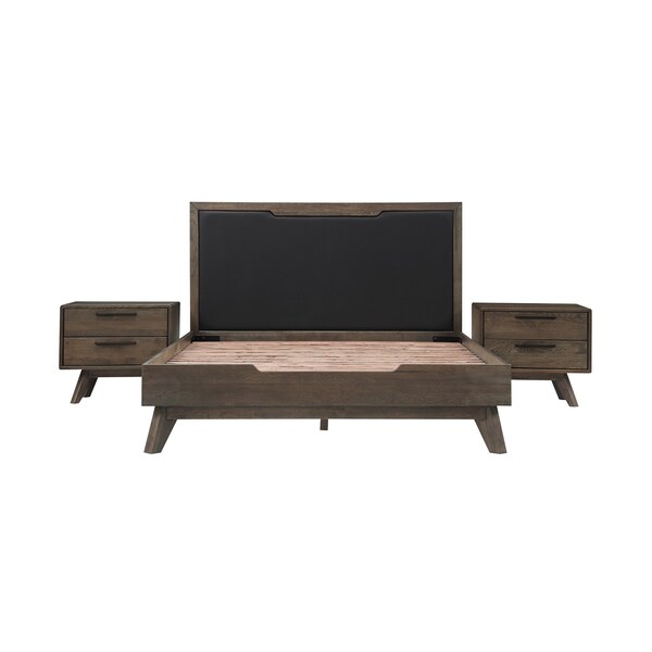 Armen Living Astoria 3 Piece Queen Bedroom Set in Oak with Black Faux Leather - SETAHBDQN3A