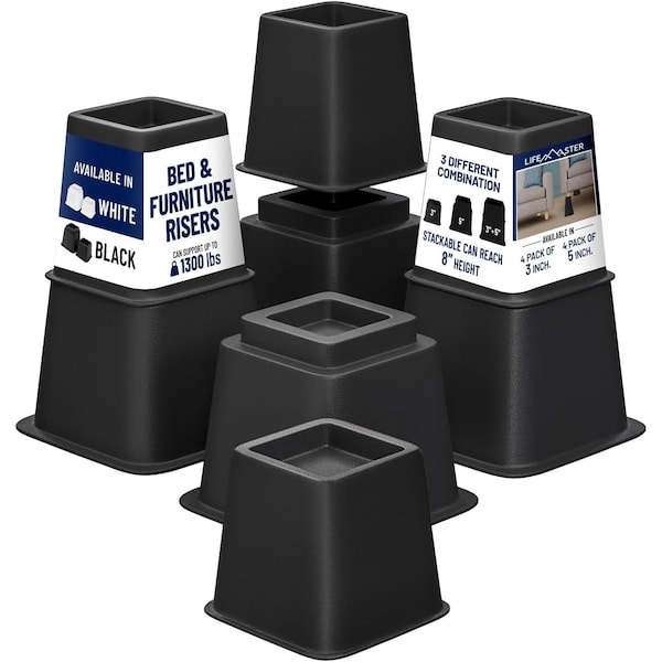 Lifemaster Adjustable Bed Risers, 3in and 5in Heights, Heavy Duty, 1300lbs Support, Black, 8PK - LMBEDBLK8