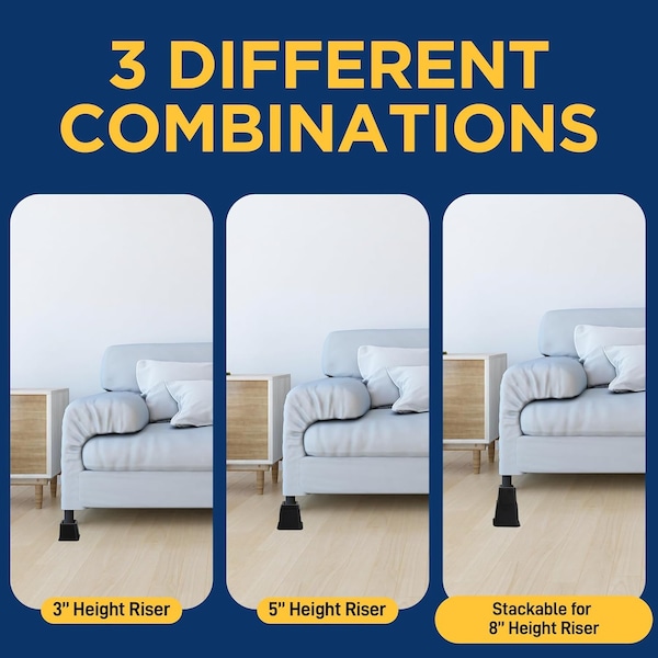 Lifemaster Adjustable Bed Risers, 3in and 5in Heights, Heavy Duty, 1300lbs Support, Black, 8PK - LMBEDBLK8