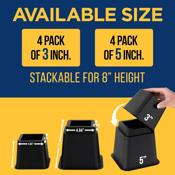 Lifemaster Adjustable Bed Risers, 3in and 5in Heights, Heavy Duty, 1300lbs Support, Black, 8PK - LMBEDBLK8