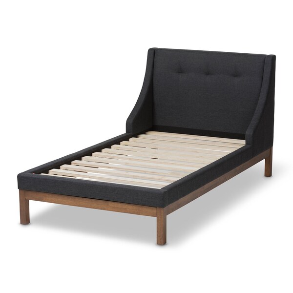 Baxton Studio Louvain Grey Upholstered Walnut-Finished Twin Sized Platform Bed - 146-8153