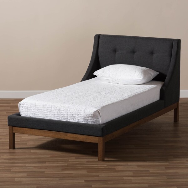 Baxton Studio Louvain Grey Upholstered Walnut-Finished Twin Sized Platform Bed - 146-8153
