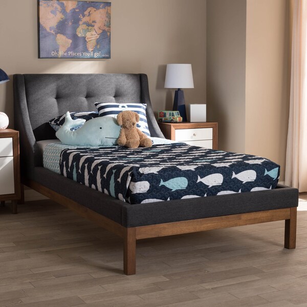 Baxton Studio Louvain Grey Upholstered Walnut-Finished Twin Sized Platform Bed - 146-8153