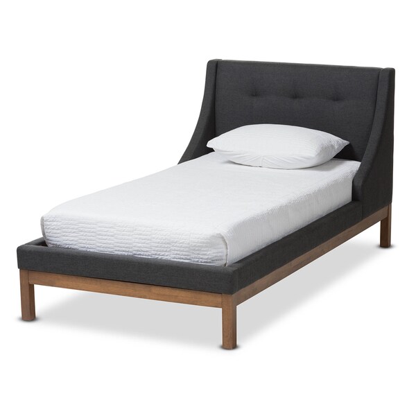 Baxton Studio Louvain Grey Upholstered Walnut-Finished Twin Sized Platform Bed - 146-8153