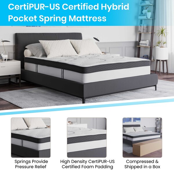 Flash Furniture 12" Queen Mattress, 14" Bed frame & 3" Topper Set - XU-BD10-12PSM2M35-Q-GG