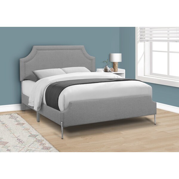 Monarch Specialties Bed, Queen Size, Bedroom, Upholstered, Grey Linen Look, Chrome Metal Legs, Transitional - I 6035Q