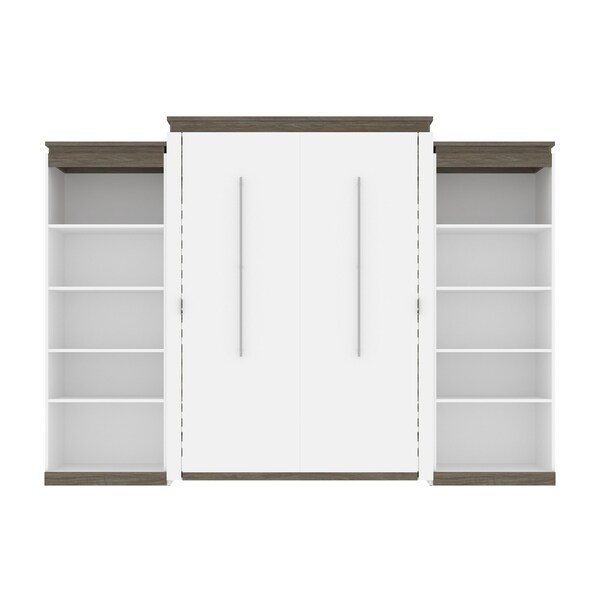 Bestar Orion 124W Queen Murphy Bed with 2 Shelving Units (125W), White & Walnut Grey - 116886-000017