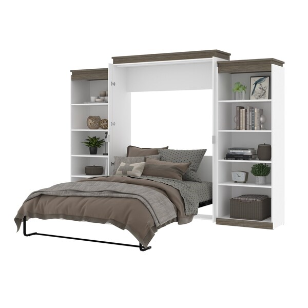 Bestar Orion 124W Queen Murphy Bed with 2 Shelving Units (125W), White & Walnut Grey - 116886-000017