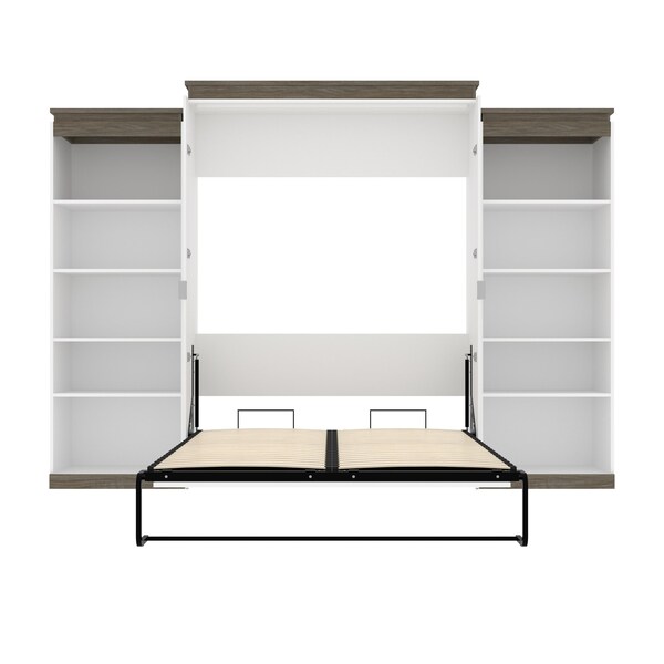 Bestar Orion 124W Queen Murphy Bed with 2 Shelving Units (125W), White & Walnut Grey - 116886-000017