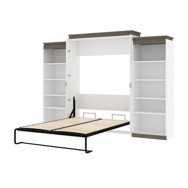 Bestar Orion 124W Queen Murphy Bed with 2 Shelving Units (125W), White & Walnut Grey - 116886-000017