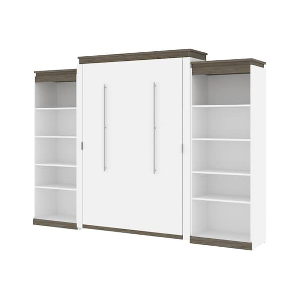Bestar Orion 124W Queen Murphy Bed with 2 Shelving Units (125W), White & Walnut Grey - 116886-000017