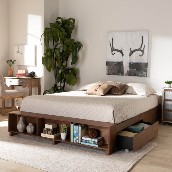 Baxton Studio Arthur Walnut Wood Queen Size Platform Bed with Built-In Shelves - 164-10669
