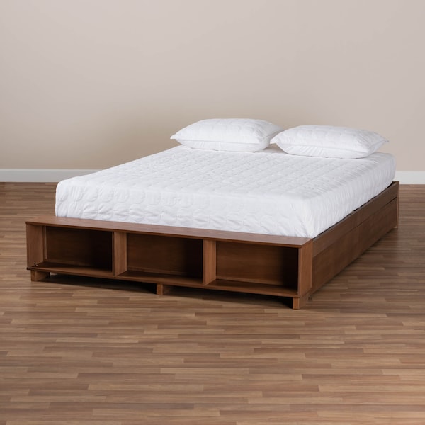 Baxton Studio Arthur Walnut Wood Queen Size Platform Bed with Built-In Shelves - 164-10669
