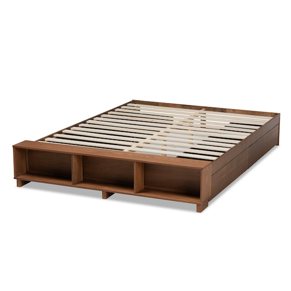 Baxton Studio Arthur Walnut Wood Queen Size Platform Bed with Built-In Shelves - 164-10669