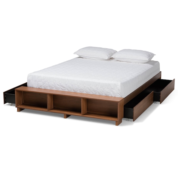 Baxton Studio Arthur Walnut Wood Queen Size Platform Bed with Built-In Shelves - 164-10669