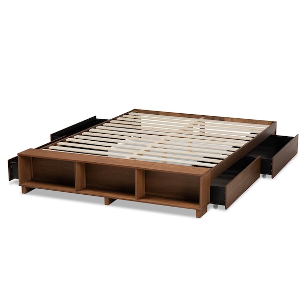 Baxton Studio Arthur Walnut Wood Queen Size Platform Bed with Built-In Shelves - 164-10669