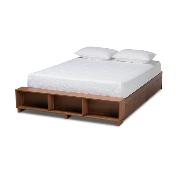 Baxton Studio Arthur Walnut Wood Queen Size Platform Bed with Built-In Shelves - 164-10669