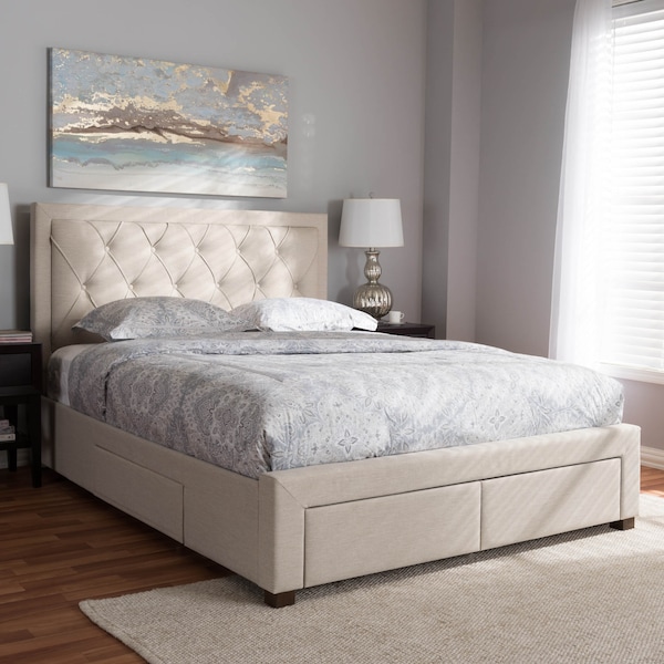 Baxton Studio Aurelie Modern Light Beige Upholstered King Size Storage Bed - 145-8127